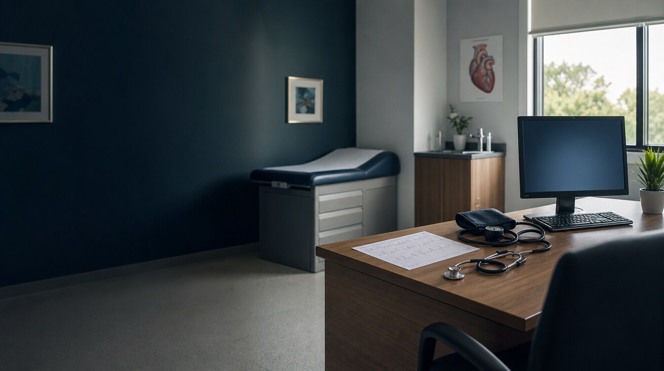 Empty cardiology consultation room with an ECG printout and stethoscope on the desk