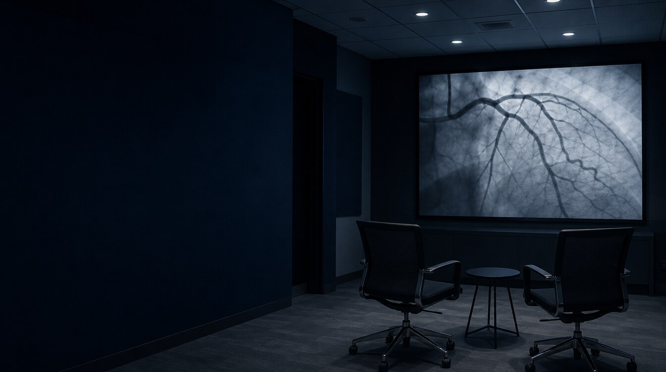 Empty reporting room with a coronary angiogram on a wall monitor
