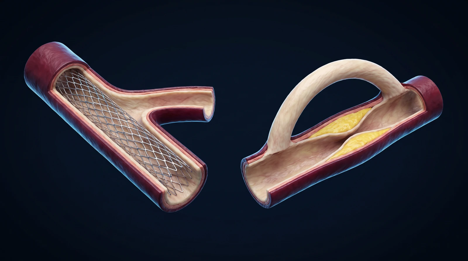 Simplified representative medical illustration of stenting and bypass principles in coronary bifurcation disease. AI-generated representative medical illustration; it does not depict a specific patient, device model or individual treatment plan.