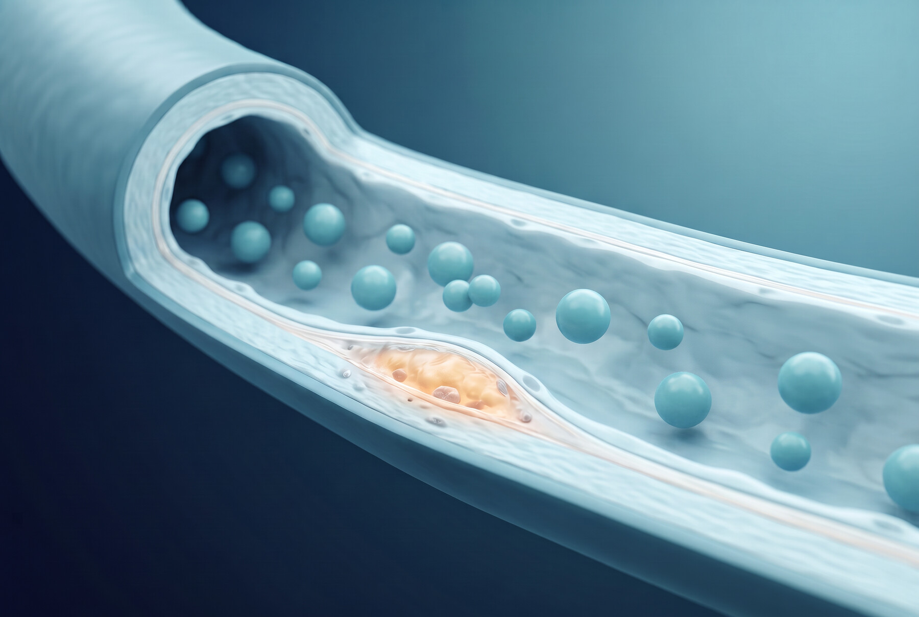 Medical illustration of lipoprotein(a) particles accumulating in an artery wall