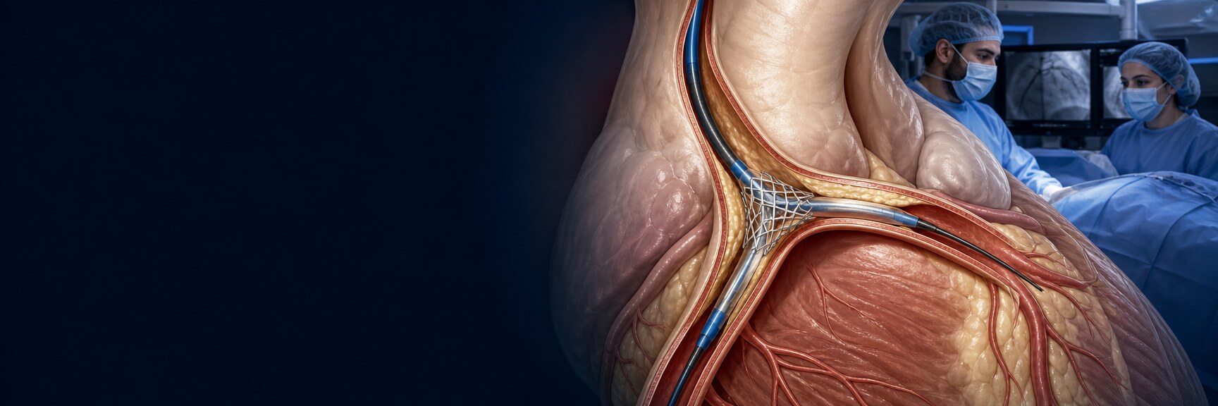 Medical illustration of a coronary bifurcation and the left main divide