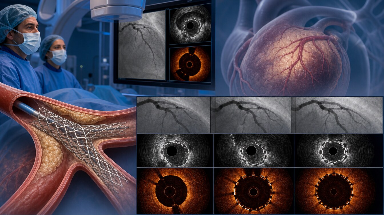 Comparison of a bifurcation lesion on angiography, IVUS and OCT
