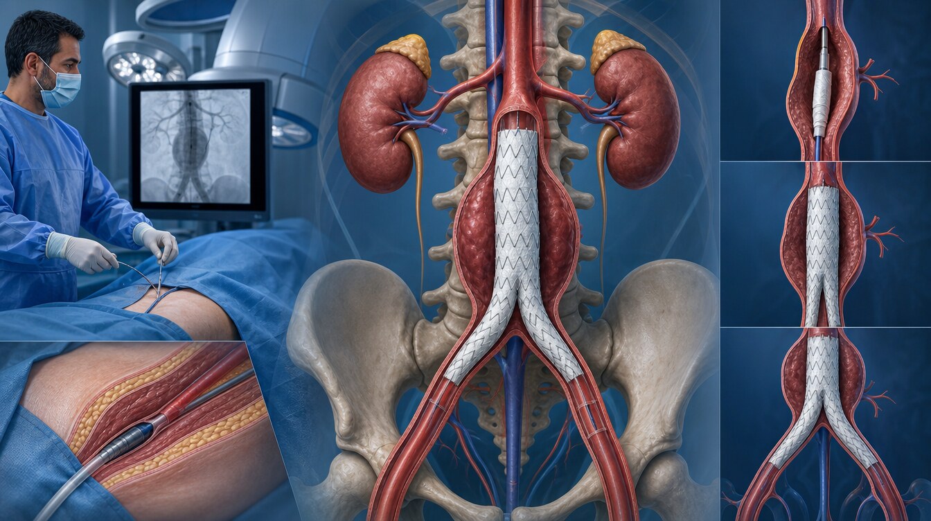 Kasık damarından kateterle ilerletilen çatallı stent-greftin karın aort anevrizmasına yerleştirilmesi