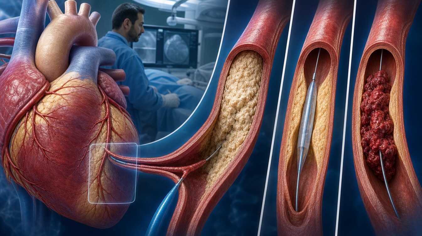 Cross-section illustration separating chronic total occlusion from a flowing stenosis and an acute blockage