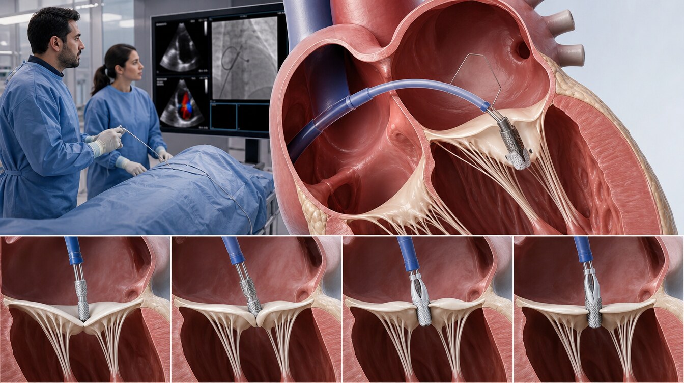 Transseptal passage and mitral leaflet approximation during PASCAL M-TEER